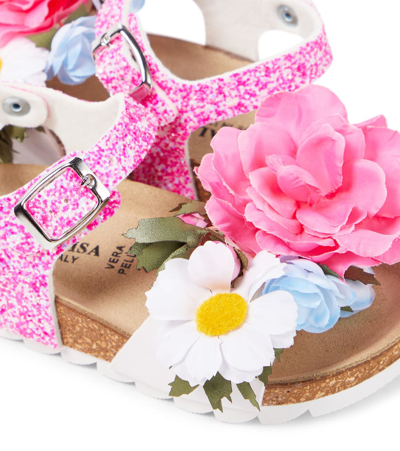 Monnalisa Floral-appliqué Glitter Sandals In Multicoloured