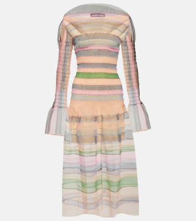 Shop Susan Fang Striped Tulle Midi Dress In Multicoloured