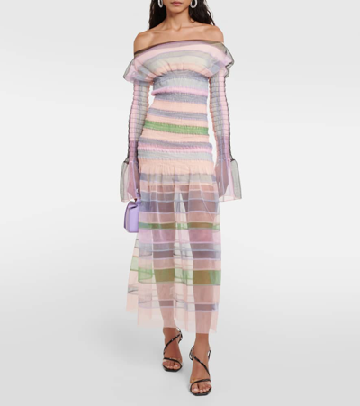 Shop Susan Fang Striped Tulle Midi Dress In Multicoloured