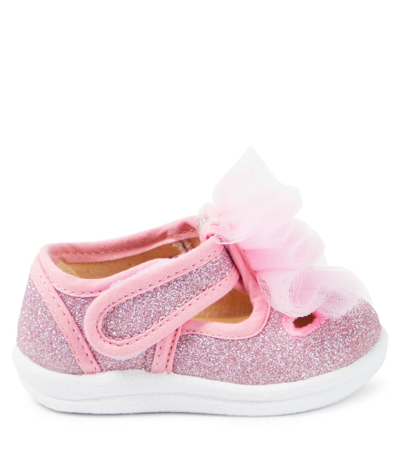Shop Monnalisa Baby Tulle-appliqué Glitter Sneakers In Pink