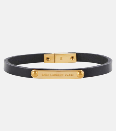 Shop Saint Laurent Logo Leather Bracelet In Black
