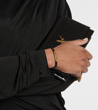 Shop Saint Laurent Logo Leather Bracelet In Black