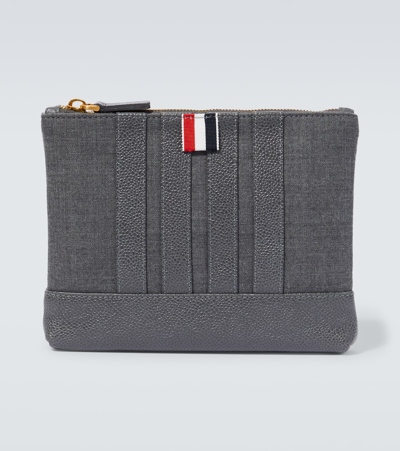 Shop Thom Browne 4-bar Leather-trimmed Pouch In Grey