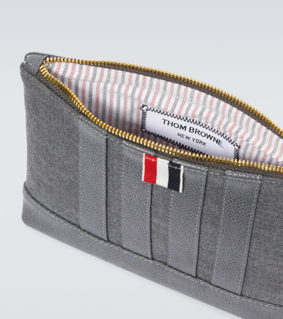 Shop Thom Browne 4-bar Leather-trimmed Pouch In Grey