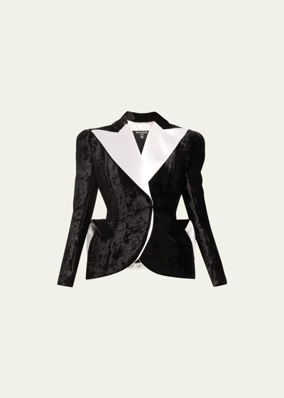 Shop Balmain Structured Velvet Blazer Jacket In Blk White