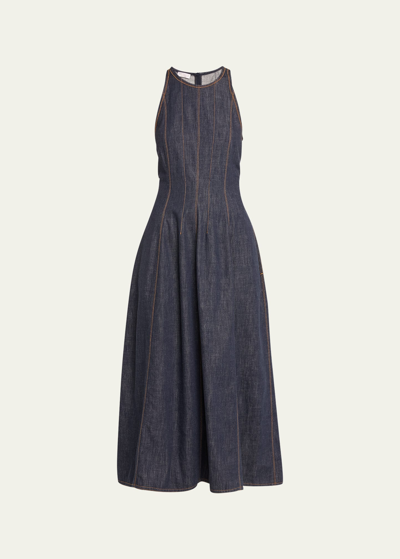Shop Brunello Cucinelli Glossy Denim Structured Midi Dress With Contrast Stitching In C900 Denim