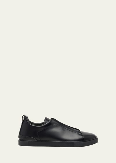 Shop Zegna Men's Triple Stitch Leather Low-top Sneakers In Black