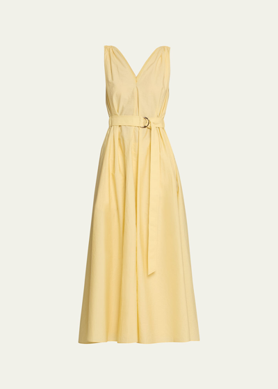 Shop Brunello Cucinelli Crinkle Cotton Belted Maxi Dress With Monili Detail In C9595 Light Yello