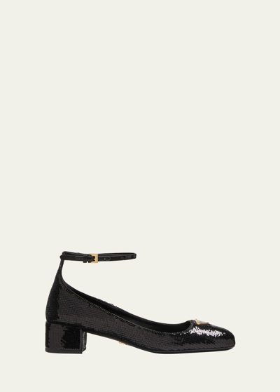 Shop Prada Sequin Ankle-strap Ballerina Pumps In Nero