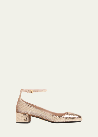 Shop Prada Sequin Ankle-strap Ballerina Pumps In Cammeo