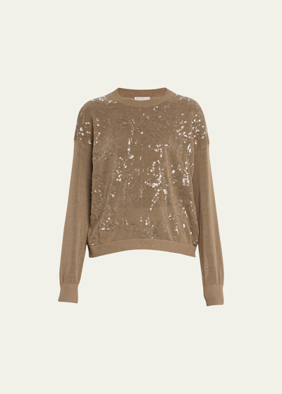 Shop Brunello Cucinelli Linen Knit Sweater With Magnolia Paillette Embroidery In C9447 Brown