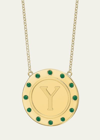 Shop Tracee Nichols 14k Gold Initial Token Necklace With Emeralds In Y