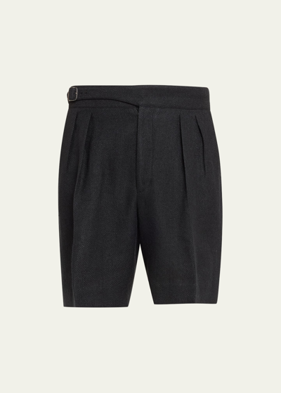 Shop Ralph Lauren Men's Byron Pleated Herringbone Shorts In Black