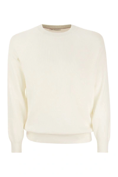 Shop Brunello Cucinelli Cotton Rib Sweater With Raglan Sleeve In Cream