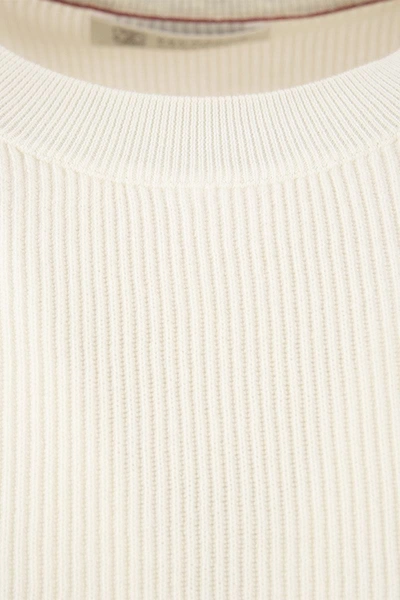 Shop Brunello Cucinelli Cotton Rib Sweater With Raglan Sleeve In Cream