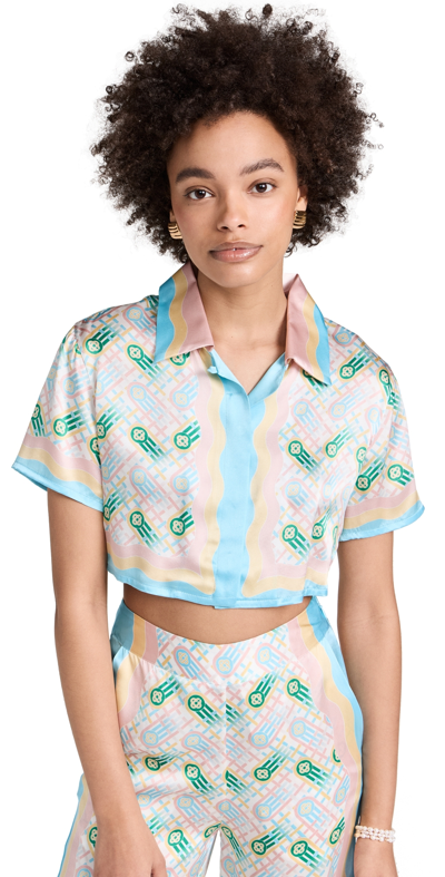 Shop Casablanca Cuban Collar Cropped Silk Short Sleeve Shirt Ping Pong Print