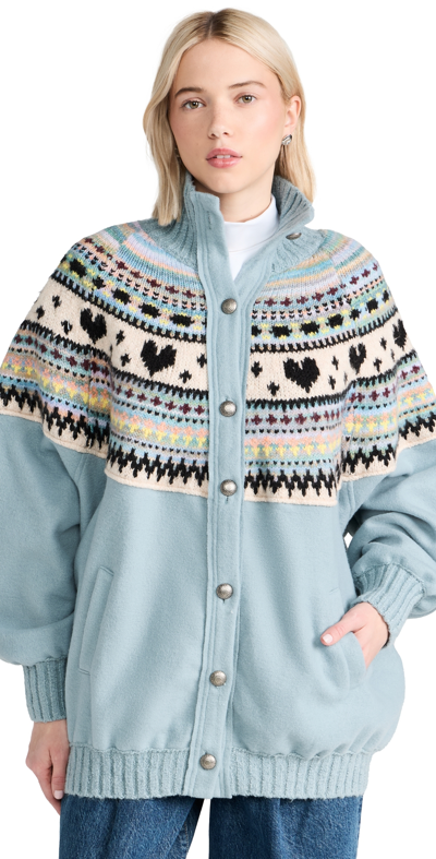 Free People Emily Fair Isle Front Button Sweater In Mineral Rainbow