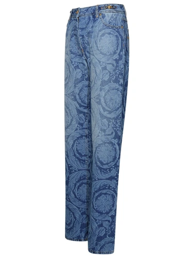 Shop Versace 'baroque' Blue Cotton Jeans