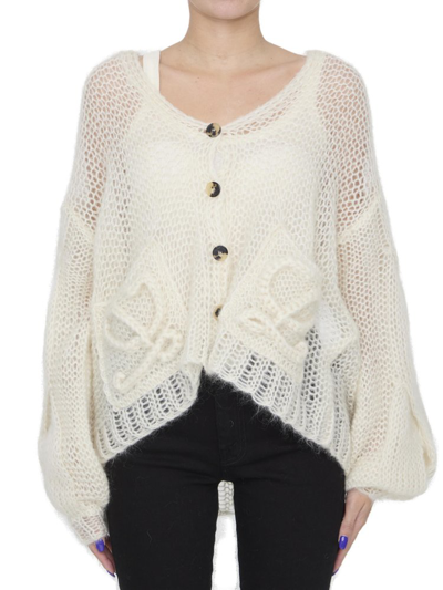 Shop Loewe Logo Cable Knitted Cardigan In Beige