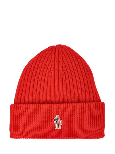 Shop Moncler Grenoble Logo Embroidered Beanie In Red