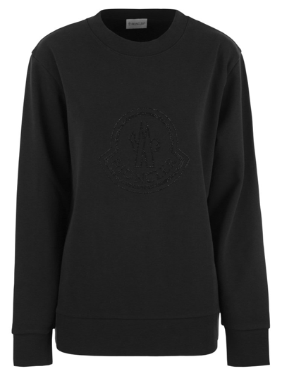 Shop Moncler Embellished Logo Crewneck Sweatshirt In Black