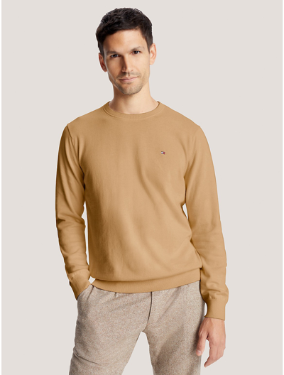 Shop Tommy Hilfiger Flag Logo Crewneck Sweater In Pinecone Tan