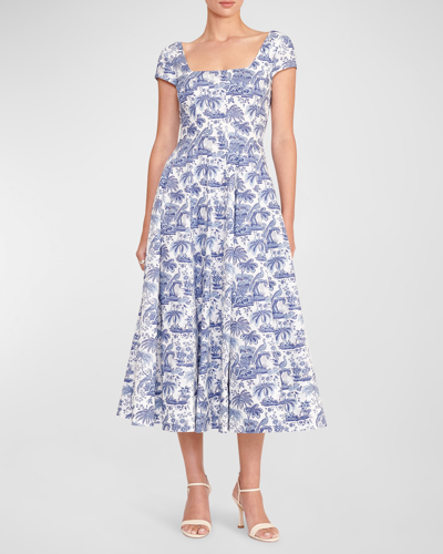 Shop Staud Wells Short-sleeve Square-neck Toile Midi Dress In Blue Toile