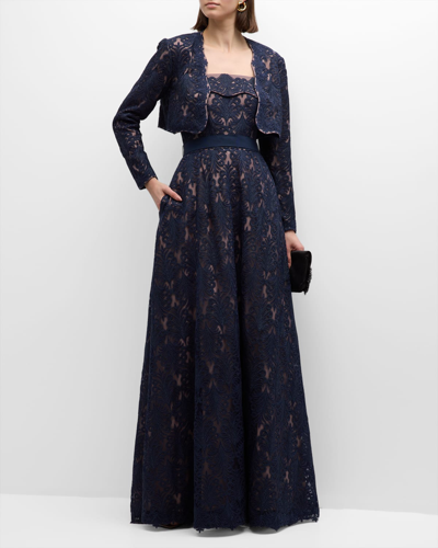 Shop Tadashi Shoji Strapless Corded Lace Gown And Jacket Set In Royal Navy