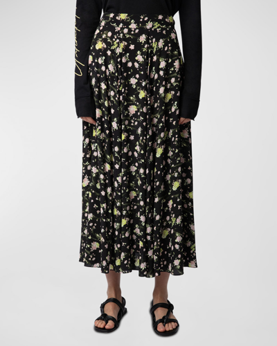 Shop Zadig & Voltaire Joyo Soft Crinkle Rose-print Maxi Skirt In Noir