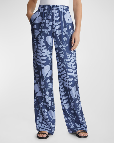 Shop Lafayette 148 Perry Straight-leg Botanical-print Silk Pants In Midnight Blue Mul