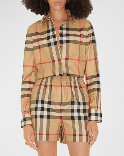 Burberry Embroidered Check Pattern Cotton Shirt In Archive Beige Ip