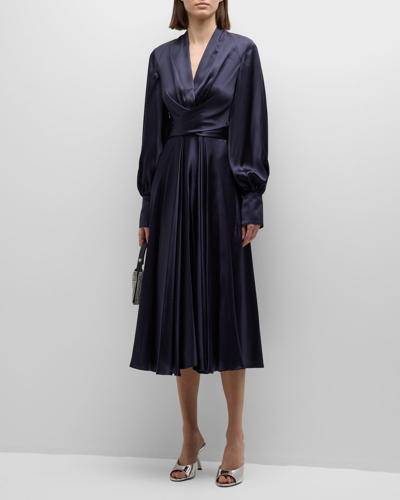 Shop E.stott Fern Pleated Silk Midi Wrap Dress In Navy