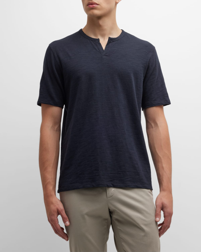 Shop Vince Men's Split-neck Slub Cotton T-shirt In Coastal
