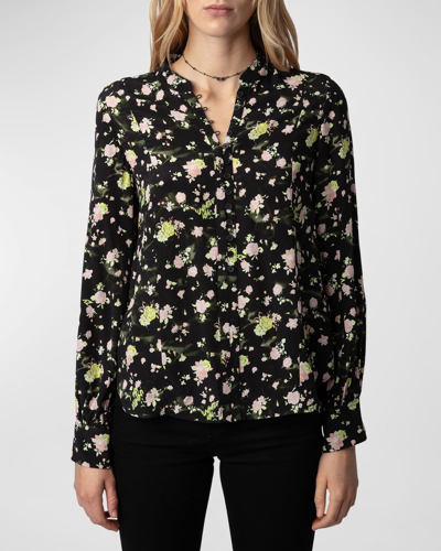Shop Zadig & Voltaire Twina Soft Crinkle Roses Blouse In Noir