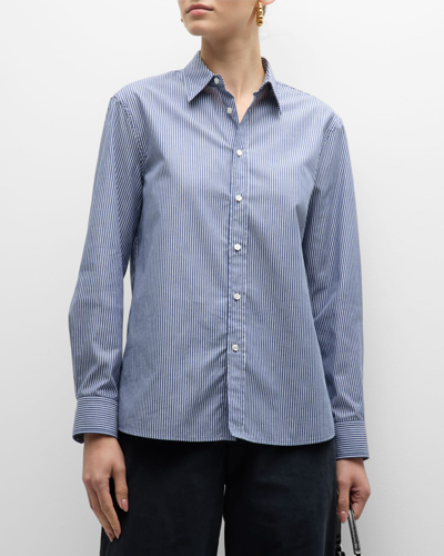 Shop Nili Lotan Raphael Striped Long-sleeve Classic Shirt In Navywhite Stripe