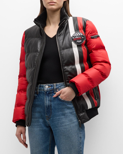 Shop Gorski Lamb Shearling-collar Zip Down-filled Leather Jacket In Blackred