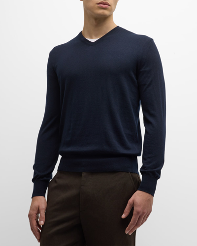 Shop Loro Piana Men's Scollo Cashmere V-neck Sweater In Blue Navy