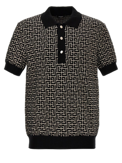 Shop Balmain 'monogram' Polo Shirt In White/black