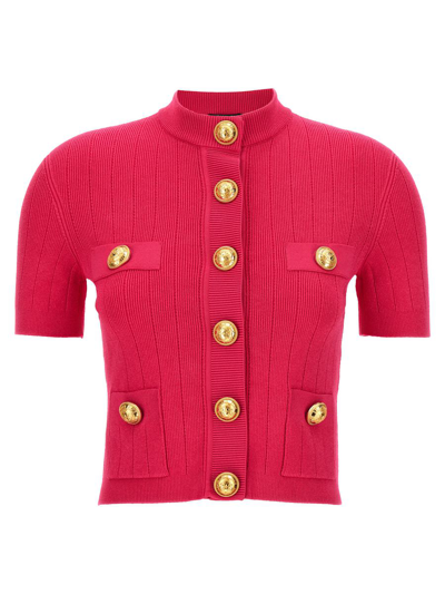 Shop Balmain Logo Buttons Cardigan In Fuchsia