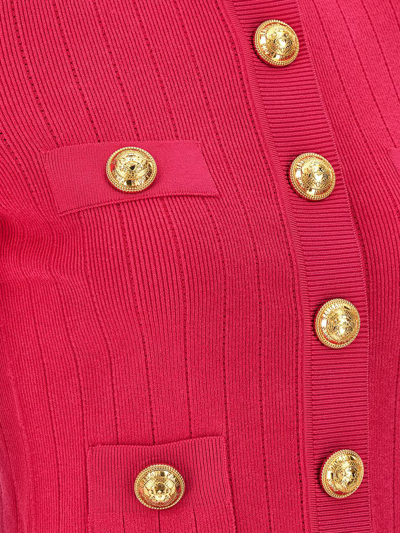 Shop Balmain Logo Buttons Cardigan In Fuchsia