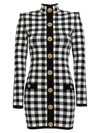 Balmain Mini Dress With Embroidered Checkered Pattern In White/black