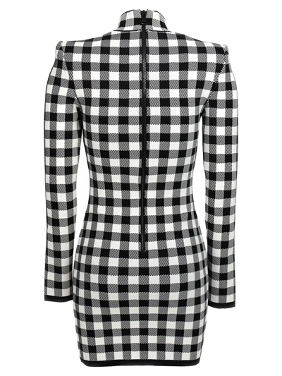 Balmain Mini Dress With Embroidered Checkered Pattern In White/black