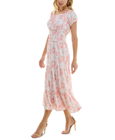 Shop Trixxi Juniors' Floral Print Puff-sleeve Midi Dress In Pink,ivory Multi