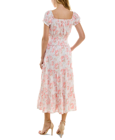 Shop Trixxi Juniors' Floral Print Puff-sleeve Midi Dress In Pink,ivory Multi