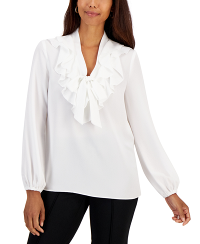 Shop Kasper Petite Ruffled Tie-neck Blouse In Vanilla Ice