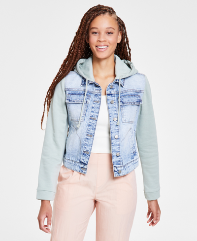 Shop Celebrity Pink Juniors' Fleece Hooded Denim Jacket In Green