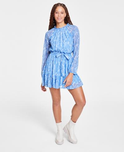 Shop Trixxi Juniors' Long-sleeve Tied-waist Dress In Blue,ivory