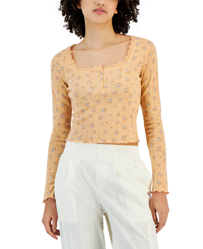 Shop Self Esteem Juniors' Long-sleeve Square-neck Henley In Almost Apricot