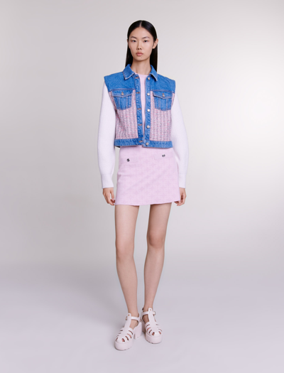 Shop Maje Denim And Tweed Cropped Jacket For Spring/summer In Pink/ecru /