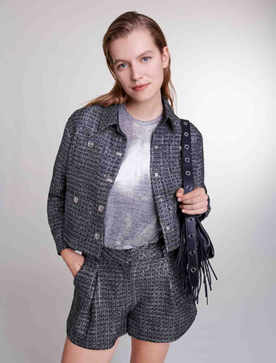 Maje Vimex Tweed Crop Jacket In Silver